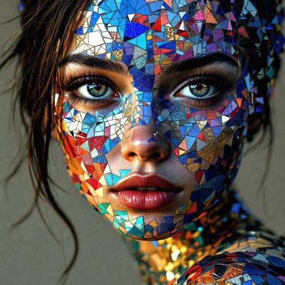 The primary subject of the image is a woman with a unique and artistic appearance. She has a face painted with a mosaic pattern, featuring a mix of blue, orange, and gold colors. The setting is a close-up of her face, emphasizing the intricate design and vibrant colors. The visual style of the image is a combination of photo and digital art, creating a striking and eye-catching portrait. The overall atmosphere of the image is one of creativity and individuality, as the woman's face
